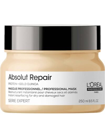 L'Oreal Professionnel Absolut Repair Mask 250ml Εμπλουτισμένη με GOLD QUINOA + ΠΡΩΤΕΪΝΗ, η κορυφαία σε πωλήσεις Instant Resurfacing Masque αναδομεί αμέσως τα πολύ ταλαιπωρημένα μαλλιά. Η επαγγελματική, βουτυρένια υφή της αφήνει τα μαλλιά 7x πιο λαμπερά* και πιο λεία, για μεγαλύτερο έλεγχο στο φορμάρισμα. *Shampoo + Instant Resurfacing Masque