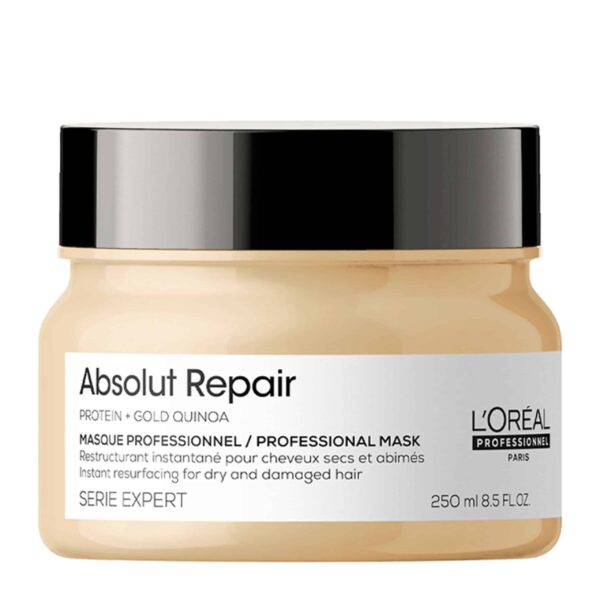 L'Oreal Professionnel Absolut Repair Mask 250ml Εμπλουτισμένη με GOLD QUINOA + ΠΡΩΤΕΪΝΗ, η κορυφαία σε πωλήσεις Instant Resurfacing Masque αναδομεί αμέσως τα πολύ ταλαιπωρημένα μαλλιά. Η επαγγελματική, βουτυρένια υφή της αφήνει τα μαλλιά 7x πιο λαμπερά* και πιο λεία, για μεγαλύτερο έλεγχο στο φορμάρισμα. *Shampoo + Instant Resurfacing Masque
