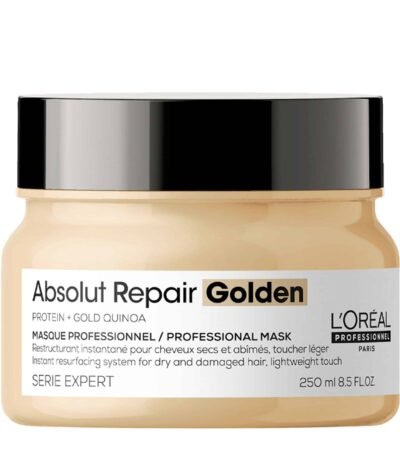 L'Oreal Professionnel Absolut Repair Golden Mask 250ml Εμπλουτισμένη με GOLD QUINOA + ΠΡΩΤΕΪΝΗ, η επαγγελματική, ανατρεπτική χρυσαφένια σύνθεση της Resurfacing Golden Masque επανορθώνει αμέσως κάθε τύπο μαλλιών εξασφαλίζοντας ανάλαφρο άγγιγμα. Η κρεμώδης τζελ υφή της αφήνει τα μαλλιά 7x πιο λαμπερά* και πιο λεία. Δεν αφήνει κατάλοιπα στην τρίχα. *Shampoo + Resurfacing Golden Masque *Shampoo + Instant Resurfacing Masque