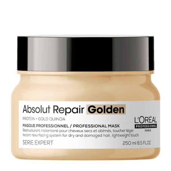 L'Oreal Professionnel Absolut Repair Golden Mask 250ml Εμπλουτισμένη με GOLD QUINOA + ΠΡΩΤΕΪΝΗ, η επαγγελματική, ανατρεπτική χρυσαφένια σύνθεση της Resurfacing Golden Masque επανορθώνει αμέσως κάθε τύπο μαλλιών εξασφαλίζοντας ανάλαφρο άγγιγμα. Η κρεμώδης τζελ υφή της αφήνει τα μαλλιά 7x πιο λαμπερά* και πιο λεία. Δεν αφήνει κατάλοιπα στην τρίχα. *Shampoo + Resurfacing Golden Masque *Shampoo + Instant Resurfacing Masque