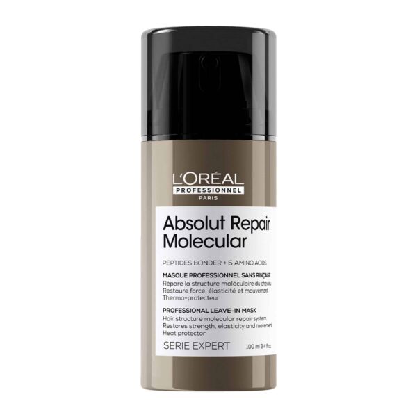 L'Oreal Professionel Absolut Repair Molecular Leave-In Μάσκα 100ml Leave-In Μάσκα Μαλλιών Για Επανόρθωση - Επανορθώνει και προστατεύει τα μαλλιά. - Προστασία από τη θερμότητα έως 230°C¹ - Για όλους τους τύπους ταλαιπωρημένων μαλλιών. ¹Εργαστηριακό τεστ στη μακρομοριακή δομή της τρίχας μετά την εφαρμογή του Absolut Repair Molecular Σαμπουάν, Serum που ξεβγάζεται και Leave-in Μάσκας.