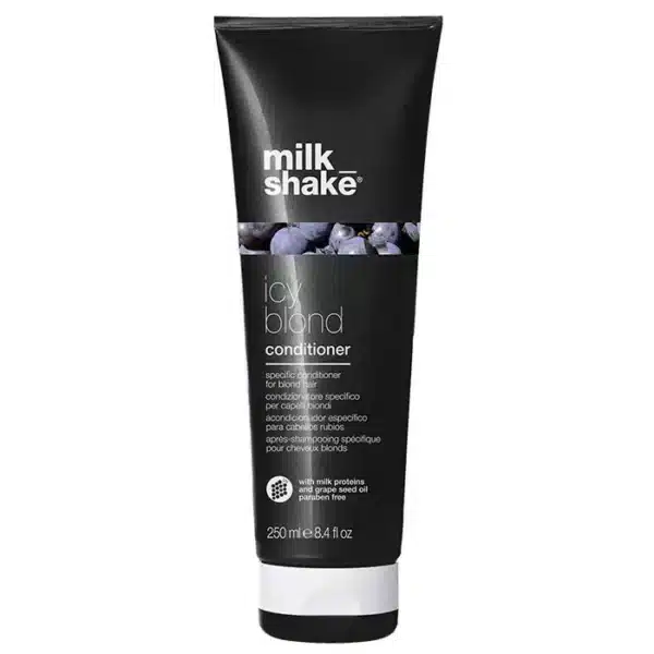 Milkshake Icy Blond Conditioner για Ξανθά ή με ανταύγειες μαλλιά. Δίνει λεπτεπίλεπτους γκρι τόνους σε πολύ ανοιχτόχρωμα ξανθά μαλλιά ή σε πλατινέ ξανθά μαλλιά.