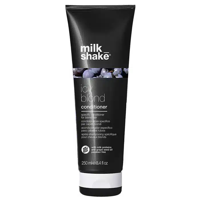 Milkshake Icy Blond Conditioner για Ξανθά ή με ανταύγειες μαλλιά. Δίνει λεπτεπίλεπτους γκρι τόνους σε πολύ ανοιχτόχρωμα ξανθά μαλλιά ή σε πλατινέ ξανθά μαλλιά.