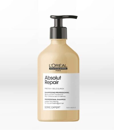 L'Oreal Professionnel Absolut Repair Shampoo 500ml Εμπλουτισμένη με GOLD QUINOA + ΠΡΩΤΕΪΝΗ, η επαγγελματική σύνθεση του Instant Resurfacing Shampoo καθαρίζει και αναδομεί αμέσως τα ταλαιπωρημένα μαλλιά, προσφέροντάς τους ανάλαφρη αίσθηση.