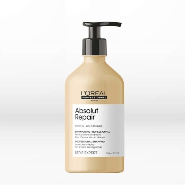 L'Oreal Professionnel Absolut Repair Shampoo 500ml Εμπλουτισμένη με GOLD QUINOA + ΠΡΩΤΕΪΝΗ, η επαγγελματική σύνθεση του Instant Resurfacing Shampoo καθαρίζει και αναδομεί αμέσως τα ταλαιπωρημένα μαλλιά, προσφέροντάς τους ανάλαφρη αίσθηση.