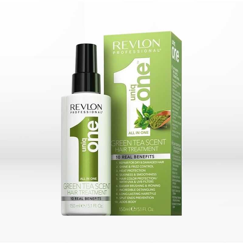 revlon-professional-uniq-one-all-in-one-hair-treatment-green-tea-edition-150ml - GoHair.gr Θεραπεία, κατάλληλη για όλους τους τύπους μαλλιών με άρωμα πράσινο τσάι. Επανορθώνει τα ξηρά και ταλαιπωρημένα μαλλιά, προσφέροντας λάμψη και έλεγχο κατά του φριζαρίσματος. Τα μαλλιά ξεμπερδεύονται και χτενίζονται ευκολότερα, χωρίς να προκαλείται σπάσιμο στις τρίχες.