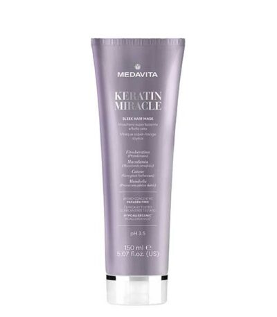 Medavita Keratin Miracle Sleek Hair Mask 150ml Mάσκα εξαιρετικής λείανσης που χαλαρώνει την ίνα της τρίχας. Διατηρεί την ενυδάτωσή της.