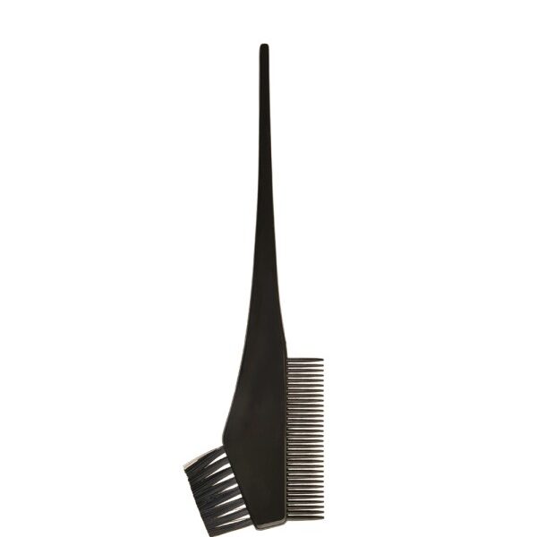 Two-in-one hair styling tool: a slender black handle with a small bristle brush and a separate wide-tooth comb attached to the end.