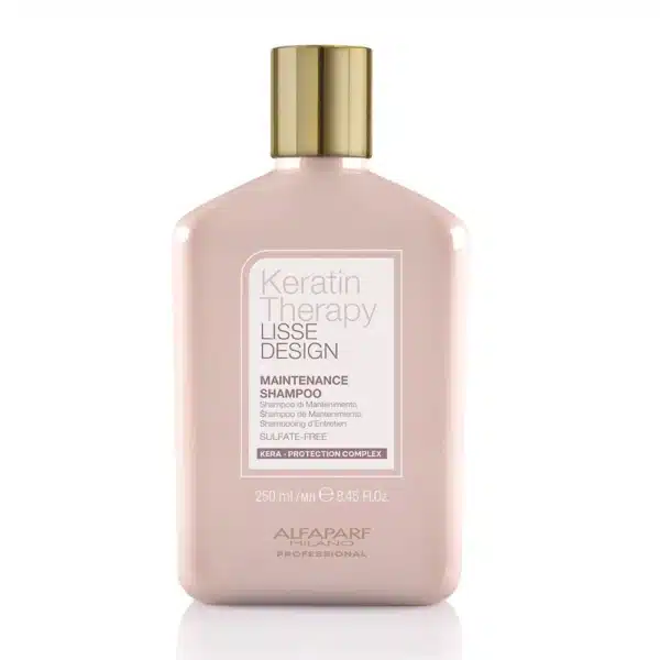 Pale pink bottle of Keratin Therapy Lisse Design Maintenance Shampoo with a gold cap, showing sulfate-free formula and 250 ml label on the front