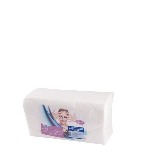 White rectangular tissue box lying on its side with a blue wave design and purple label on the front.