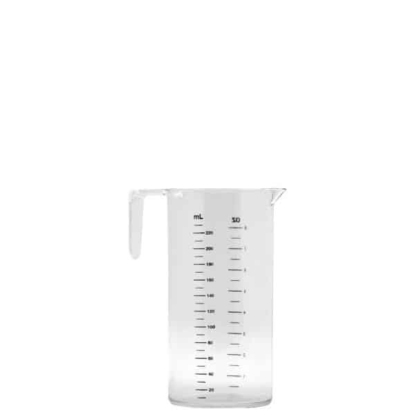 Clear plastic measuring cup with a handle and spout, marked in milliliters and ounces (up to 300 ml / 10 oz).