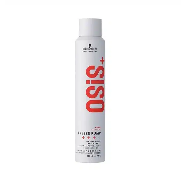 White can of Schwarzkopf OSIS+ Freeze Pump strong-hold hairspray, featuring a bold red vertical OSIS+ logo.