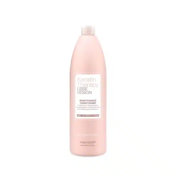 Pink bottle of Keratin Therapy Lisse Design Maintenance Conditioner with a white label, standing upright against a white background (Alfaparf Milano)