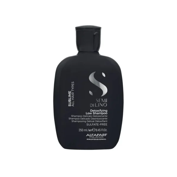 Black detergent-free shampoo bottle labeled Semi di Lino Sublime Detoxifying Low Shampoo (Alfaparf Milano), 250 ml, sulfate-free