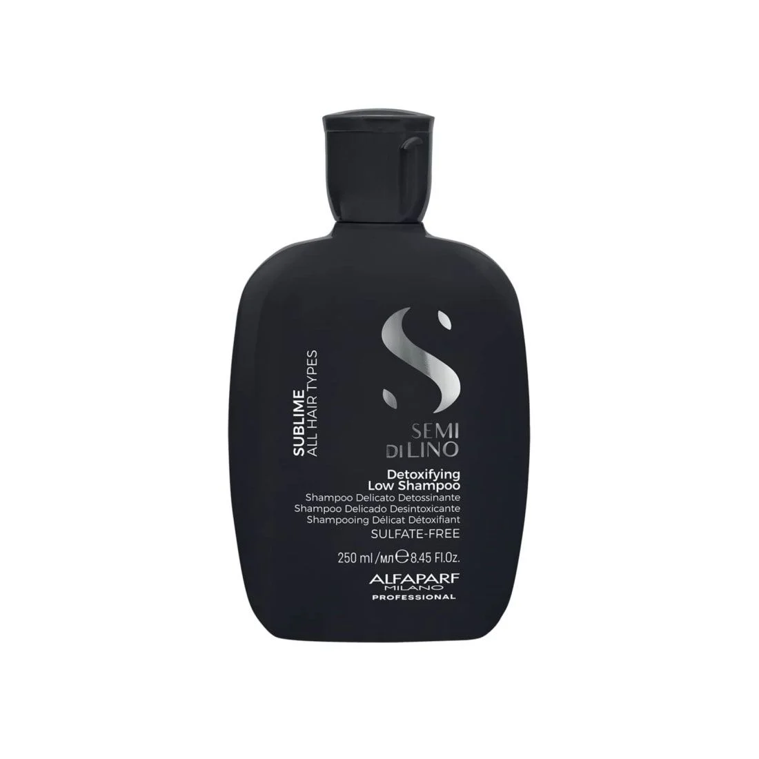 8022297161297_1713776062 - GoHair.gr Black detergent-free shampoo bottle labeled Semi di Lino Sublime Detoxifying Low Shampoo (Alfaparf Milano), 250 ml, sulfate-free
