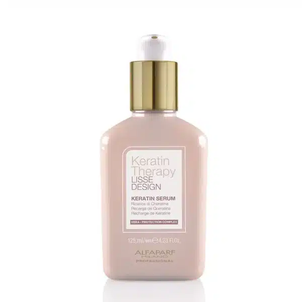 Pink Keratin Therapy Lisse Design serum bottle with gold pump, 125 ml, standing upright on white background.