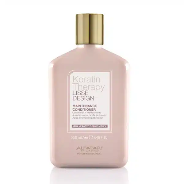 Maintenance conditioner bottle labeled Keratin Therapy Lisse Design by Alfaparf Milano, 250 ml (8.45 fl oz) pink bottle with gold cap.