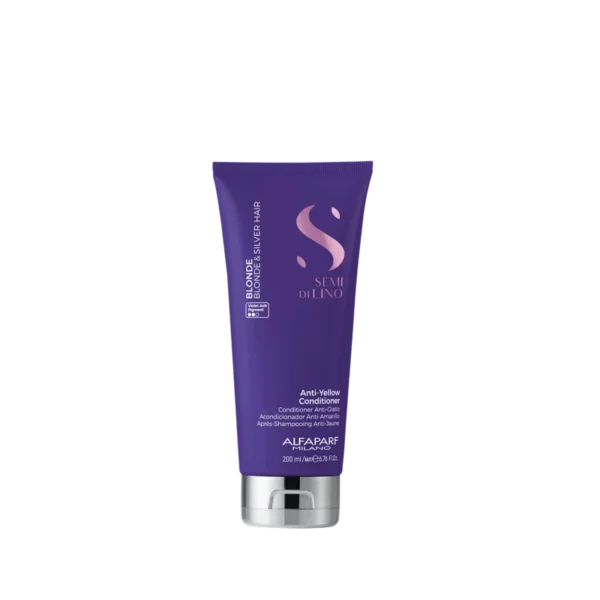 Purple Alfaparf Milano Semi di Lino Blonde Anti-Yellow Conditioner tube with silver cap, 200 ml, on a black background