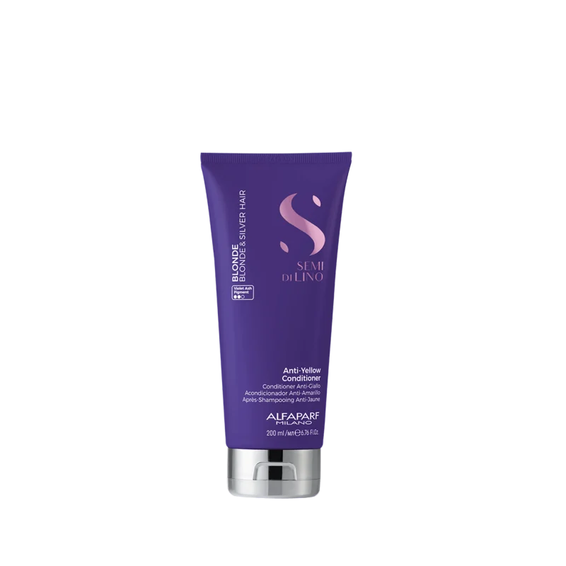 alfaparf-milano-semi-di-lino-anti-yellow-conditioner-200m_1707306465 - GoHair.gr Purple Alfaparf Milano Semi di Lino Blonde Anti-Yellow Conditioner tube with silver cap, 200 ml, on a black background
