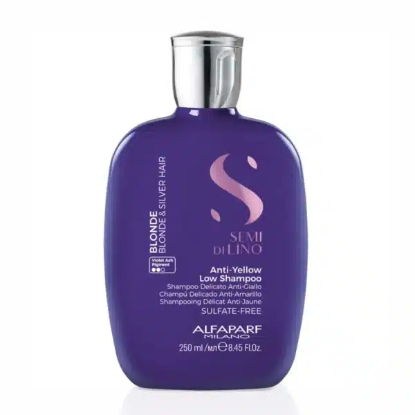 Purple shampoo bottle with a silver cap, labeled 'Semi di Lino'—Anti-Yellow Low Shampoo by Alfaparf Milano (250 ml).
