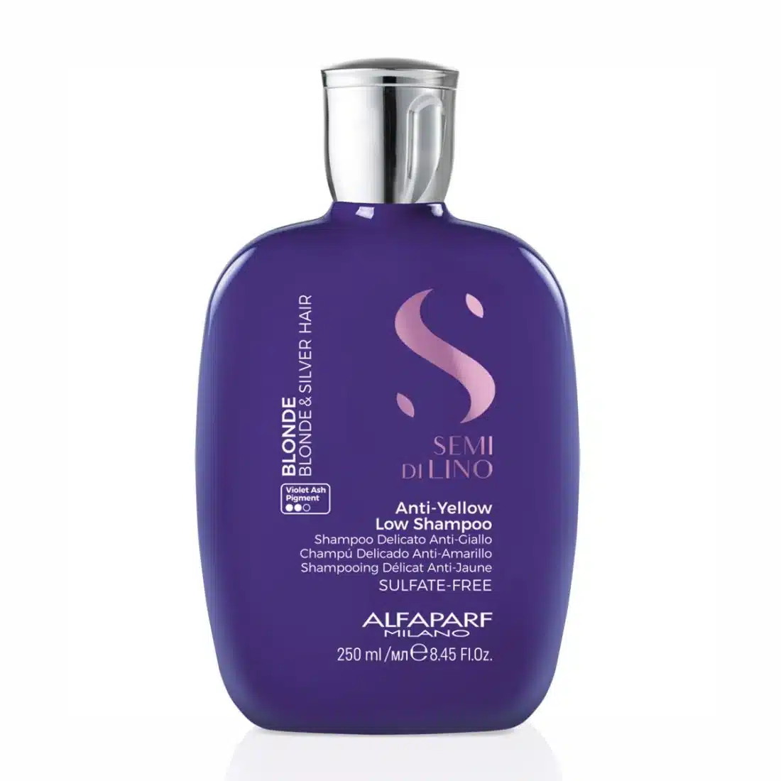 alfaparf-milano-semi-di-lino-anti-yellow-low-shampoo-250ml-8022297133362_1707305737 - GoHair.gr Purple shampoo bottle with a silver cap, labeled 'Semi di Lino'—Anti-Yellow Low Shampoo by Alfaparf Milano (250 ml).