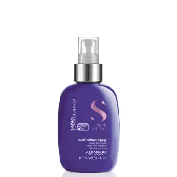 Purple spray bottle for blonde-hair care (Anti-Yellow Spray) by Alfaparf Milano, with a silver pump cap and white text on the front.