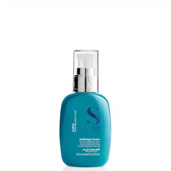 Blue pump bottle of Alfaparf Defining Cream for curly/wavy hair with a silver top and clear cap.