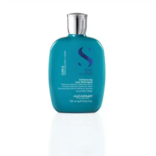 Teal blue shampoo bottle with a silver cap, labeled Alfaparf Milano, 250 ml, sulfate-free.