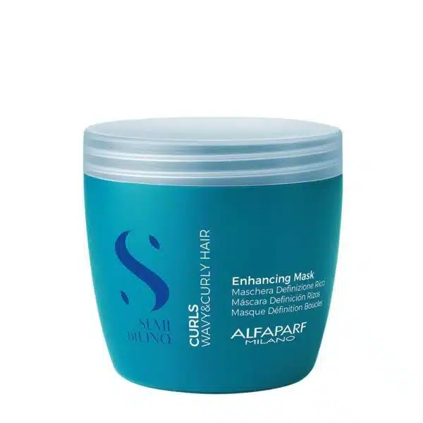 Blue jar of Alfaparf Milano Enhancing Mask for curls, with a white lid.