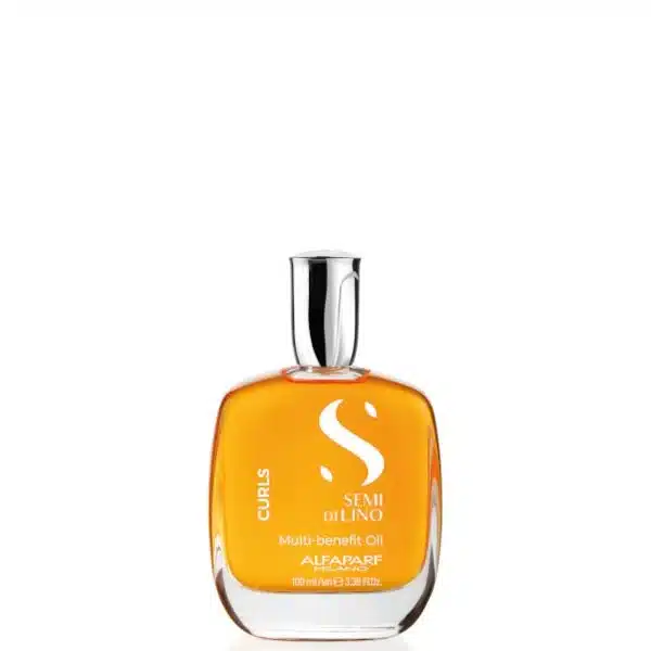 Bottle of Alfaparf Curls Semi di Lino Multi-benefit Oil for curls, orange glass bottle with silver cap and white logo