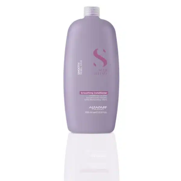 Purple Alfaparf Milano smoothing conditioner bottle on a white reflective surface with pink label reading "Smoothing Conditioner"