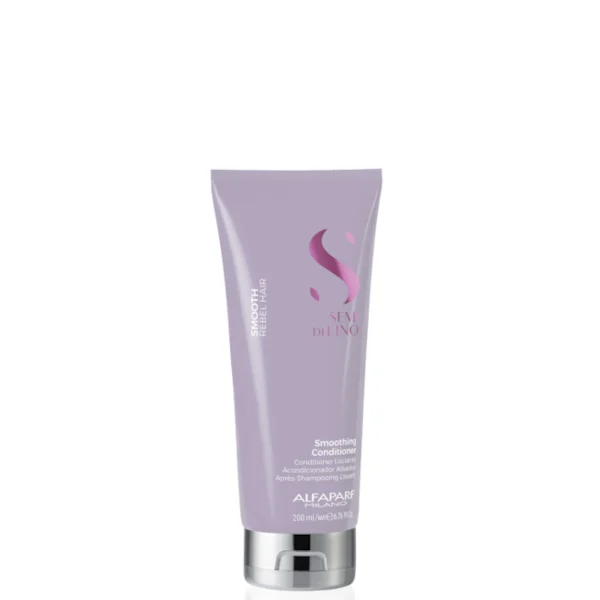 Purple Alfaparf Milano Smoothing Conditioner tube with silver cap on a white background; hair care product.