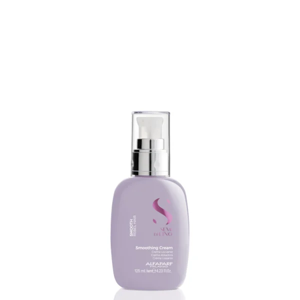 Lavender-colored bottle with a pump dispenser labeled 'Smoothing Cream' for cosmetic use.