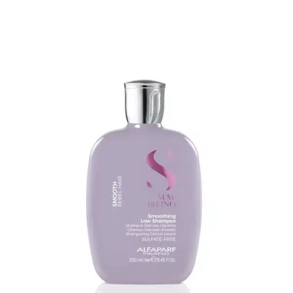 Lavender bottle of smoothing low shampoo with a silver cap, labeled Smoothing Low Shampoo (250 ml).