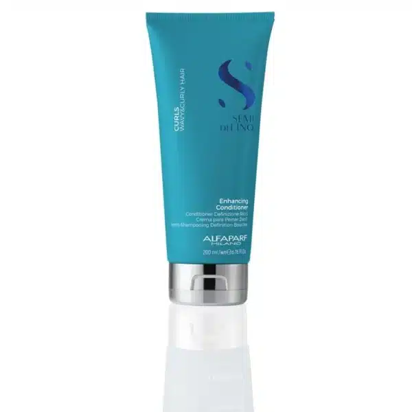 Turquoise tube of Alfaparf Milano Curl Enhancing Conditioner with a silver cap, shown from the side against a white background.