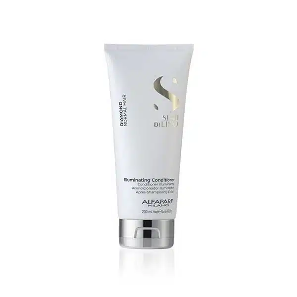 Alfaparf Milano Illuminating Conditioner tube, white with silver cap, standing upright on a white background.