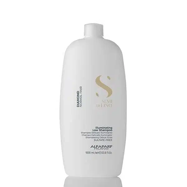 White shampoo bottle labeled 'Diamond Normal Hair' by Alfaparf Milano, 1000 ml, with gold logo on front.