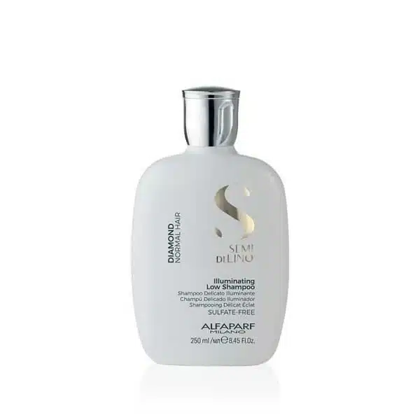 White Alfaparf Milano shampoo bottle with a silver cap and diamond emblem on a white background.
