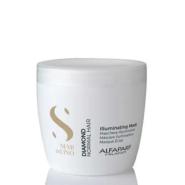 White jar of Alfaparf Milano Semi di Lino Diamond Normal Hair Illuminating Mask with gold logo on front.