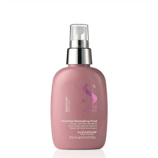 Pink bottle of Alfaparf Nutritive Detangling Fluid hair product with a silver pump sprayer.