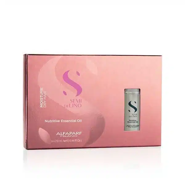 Pink Alfaparf Milano Nutritive Essential Oil packaging for moisture/ dry hair; shows a small silver bottle through the window on the right.