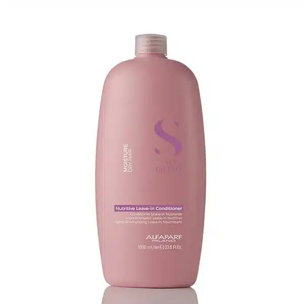 Pink Alfaparf Milano bottle of Nutritive Leave-in Conditioner for hair, 1000 ml, with purple logo on the front.