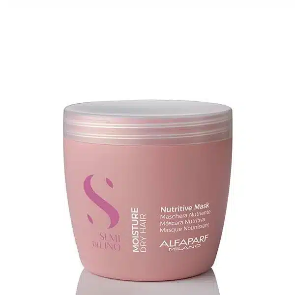 Pink jar of Alfaparf Milano Nutritive Mask for dry hair with a white lid, labeled 'Moisture Dry Hair' and 'Nutritive Mask' on the front. Used as a hair care product container.
