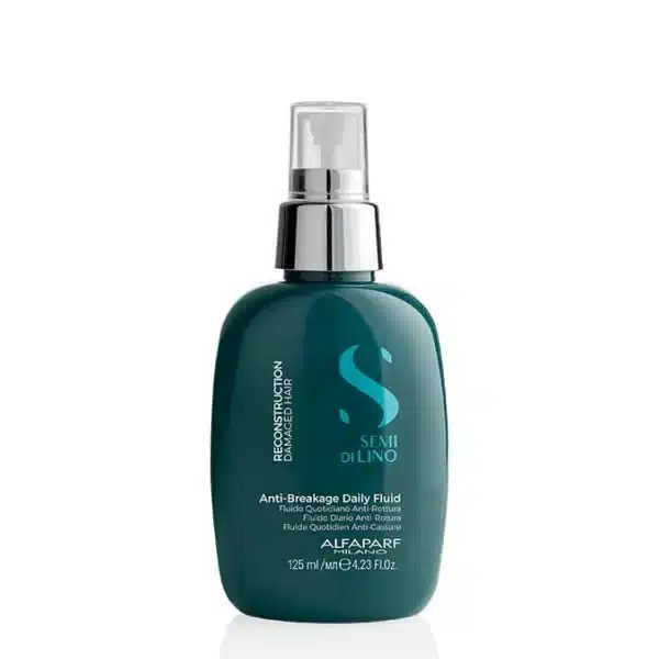 Teal spray bottle of Alfaparf Milano Semi di Lino Anti-Breakage Daily Fluid for damaged hair, with a clear spray nozzle on top.