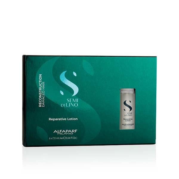Teal packaging box for Alfaparf Semi di Lino Reparative Lotion, with a small bottle image on the right.