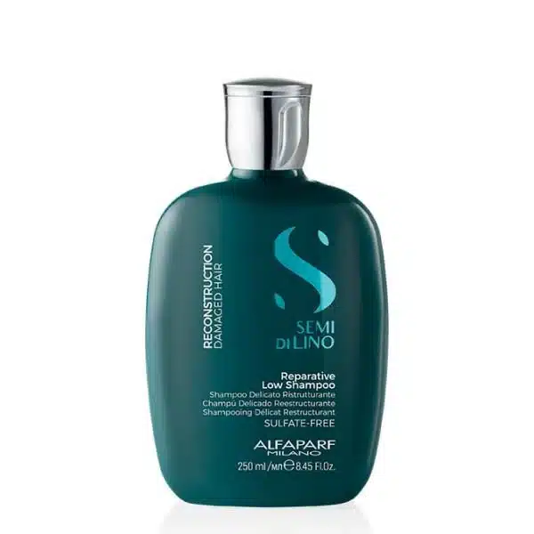 Teal bottle of Alfaparf Milano Semi di Lino Reconstructive Low Shampoo, 250 ml, with silver cap and white label text.