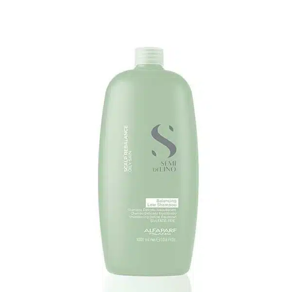 Green Alfaparf Milano Semi di Lino Balancing Low Shampoo bottle with white cap, shown upright