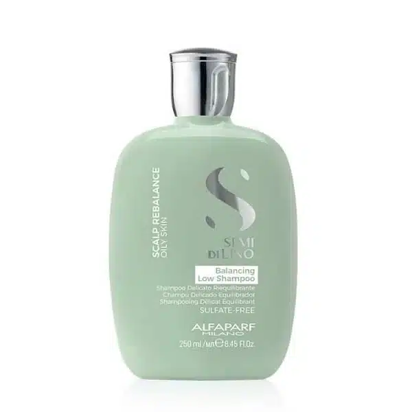 Mint-green bottle of Alfaparf Milano Sulfate-Free Balancing Low Shampoo, 250 ml, for hair cleansing (informational product image).