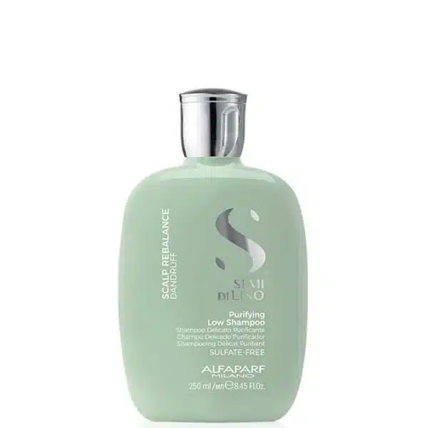 Mint green bottle of Alfaparf Milano Purifying Low Shampoo for scalp balance (sulfate-free).