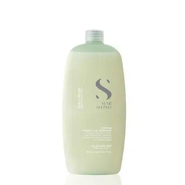500 ml bottle of Alfaparf Semi di Lino Calming Micellar Low Shampoo, pale green with a silver cap on a white background.